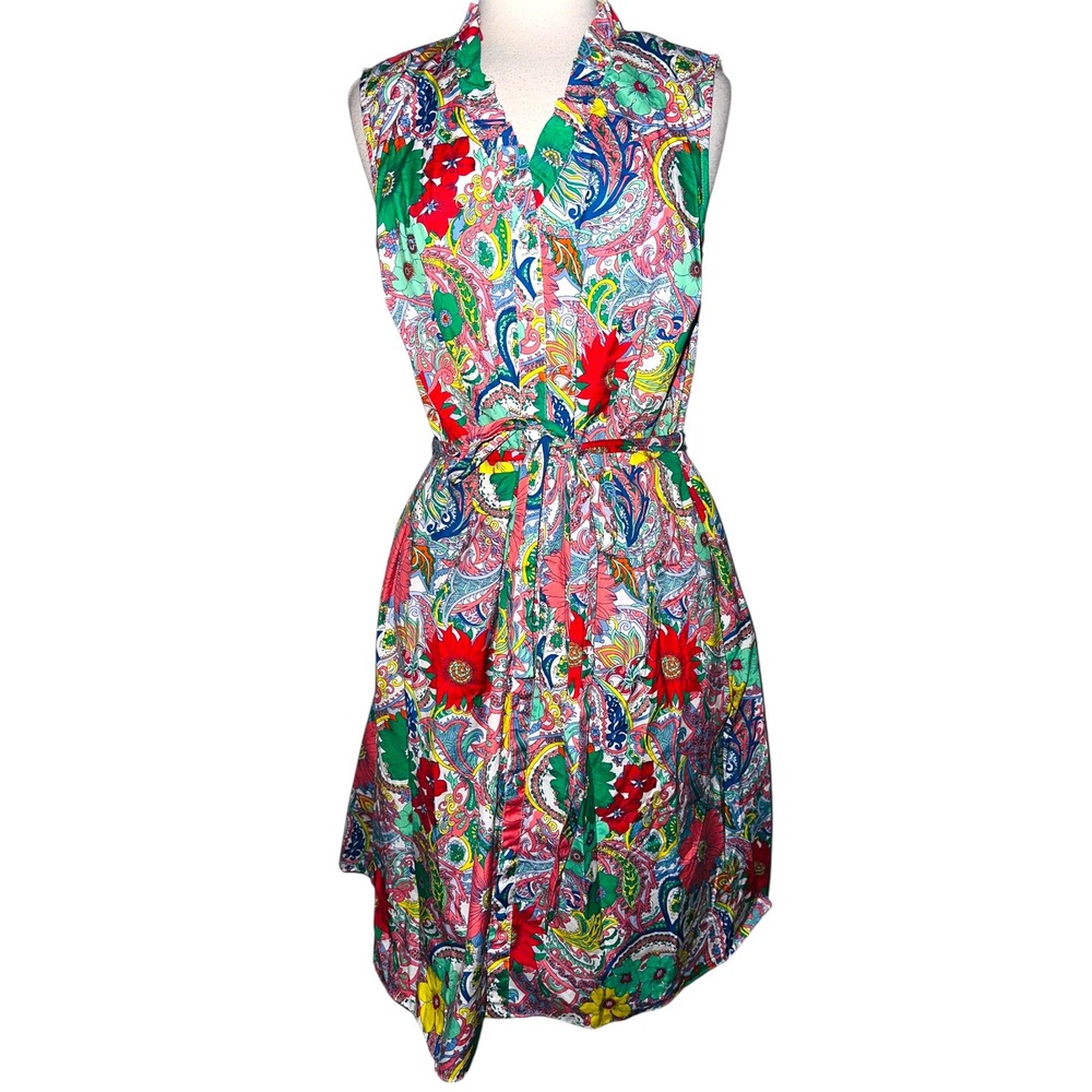 WB5 Talbots Woman 12W Sleeveless Button Front Belted Dress Floral Paisley Print